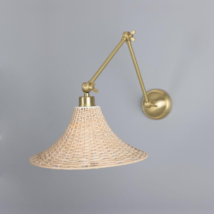 Savannah Adjustable Arm Wall Light with Large Bell-Shaped Rattan Shade, Satin Brass