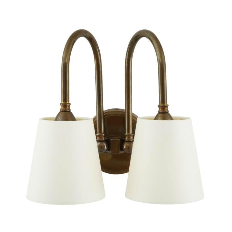 Uppsala Two-Arm Brass Wall Sconce with Fabric Shades, Antique Brass