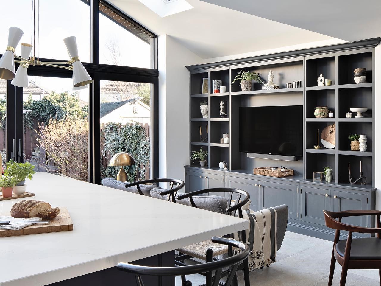 Styled shelves in modern kitchen