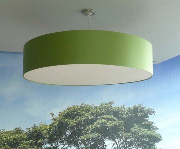 A large, bespoke fabric lamp shade from Mullan Lighting now installed in Kingspan's global headquarters in Ireland