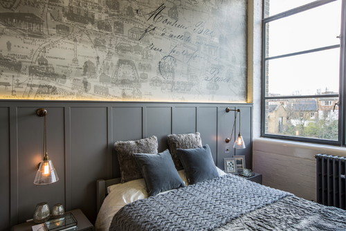 Our Rigale coolie industrial pulley lights feature in the bedroom of Chiswick Green Studios loft apartment