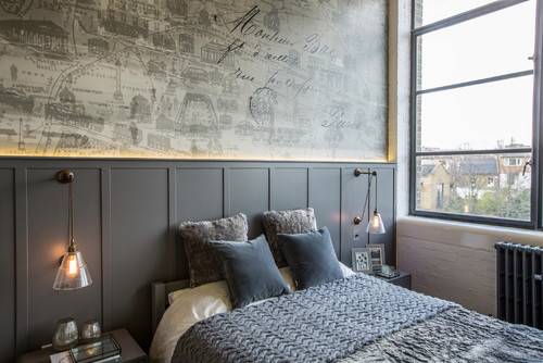 Our Rigale coolie industrial pulley lights feature in the bedroom of Chiswick Green Studios loft apartment