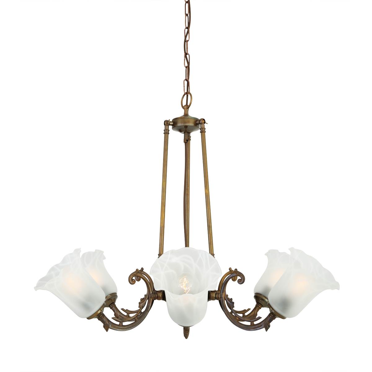 CHANDELIER traditional aged brass with halophane glass shades CHANDELIER traditional aged brass with halophane glass shades